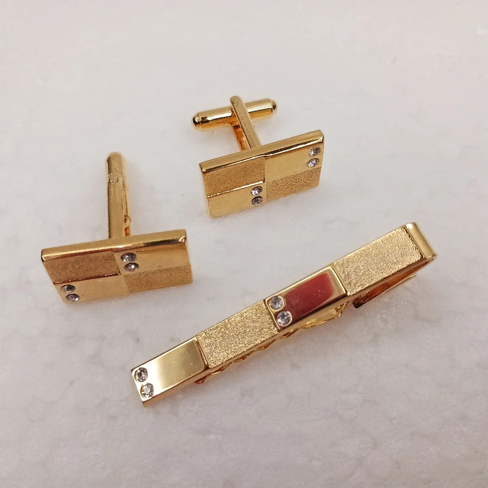 Tie Clip Bar, Cufflinks, Textured Gold Crystals Vintage Space Age Classic